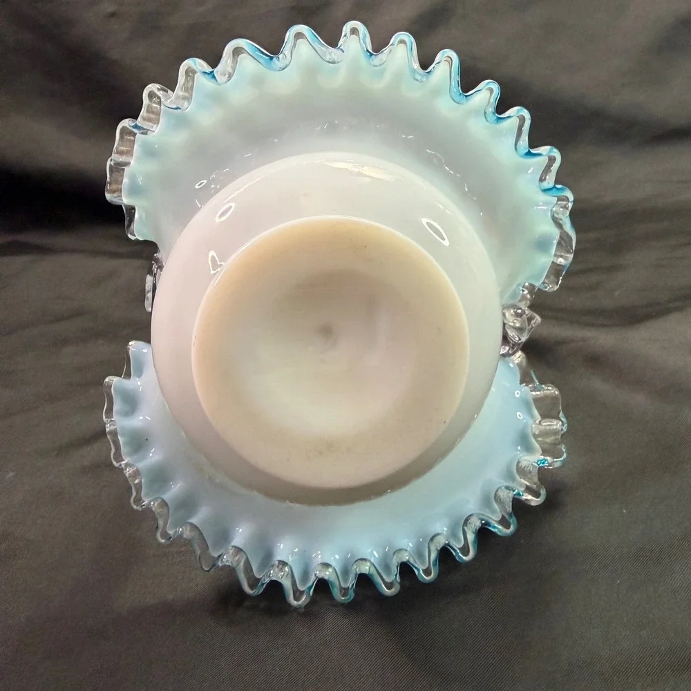 Vintage Fenton Glass Basket Blue Cased Overlay Silver Jamestown Ruffled Twisted